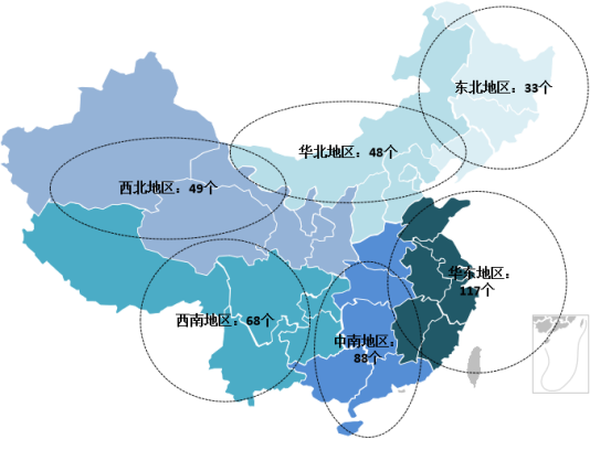图：第一第二批中国特色小镇数量区域分布图（单位：个）