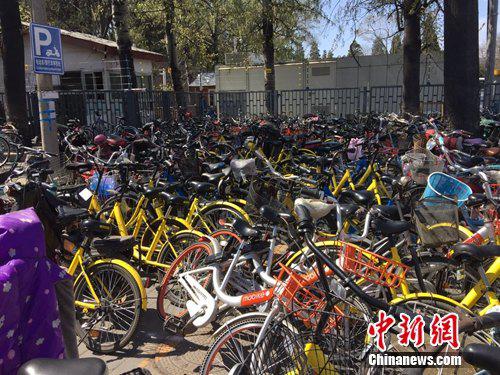 资料图:北京颐和园附近的一处停车点堆满共享单车。中新网 吴涛 摄