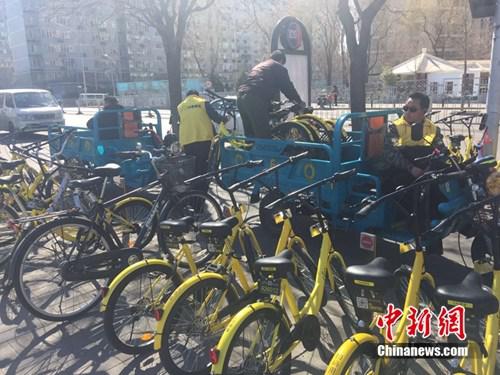 某家共享单车企业运维人员正将故障车放进三轮车内,集中收回。中新网 吴涛 摄